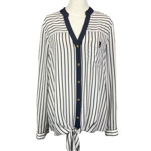 Anne Klein Camellia Midnight Stripe Blouse Navy White Size Medium
